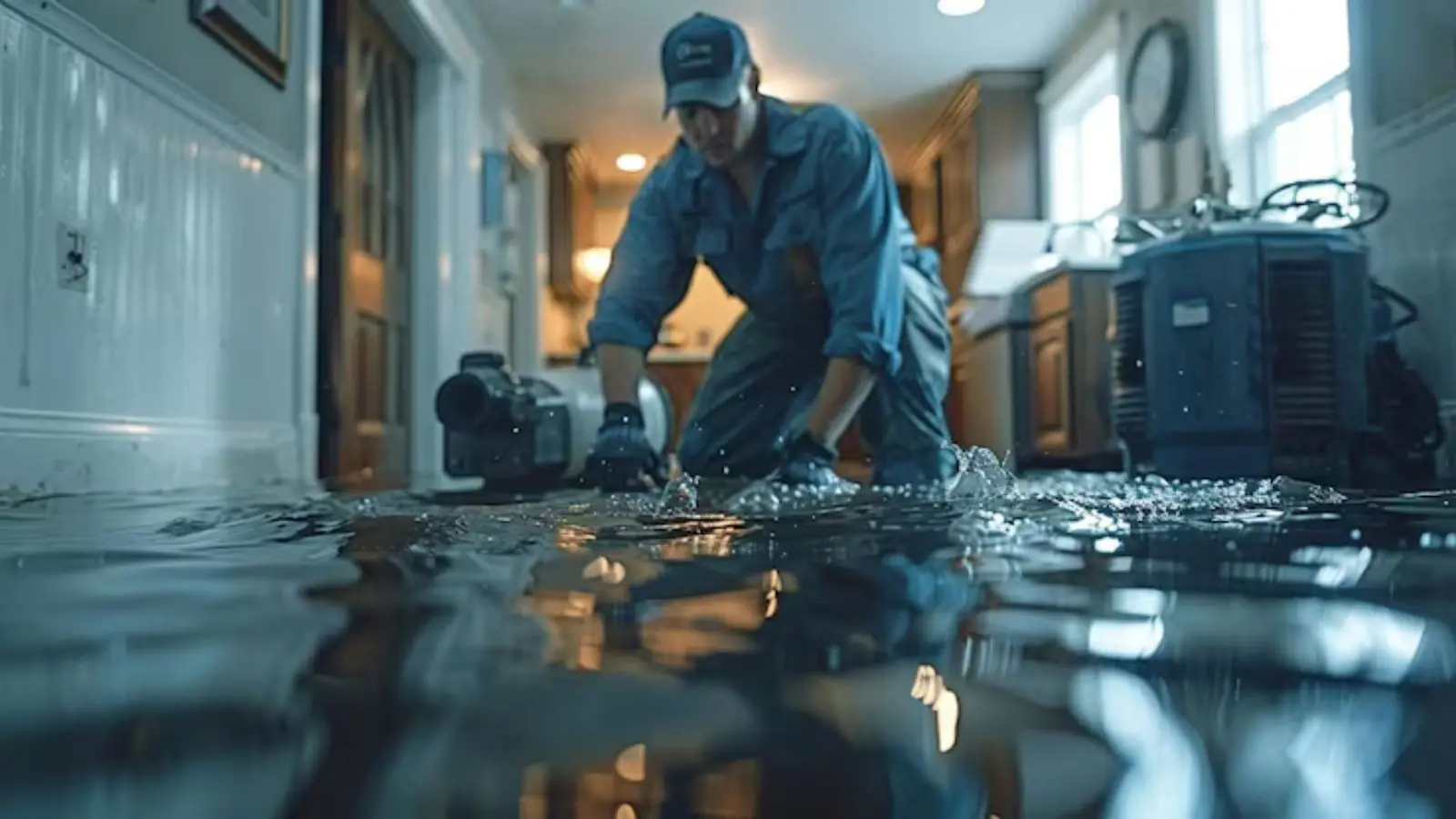 Technician kneeling in standing water beside drying equipment in a flooded hallway
